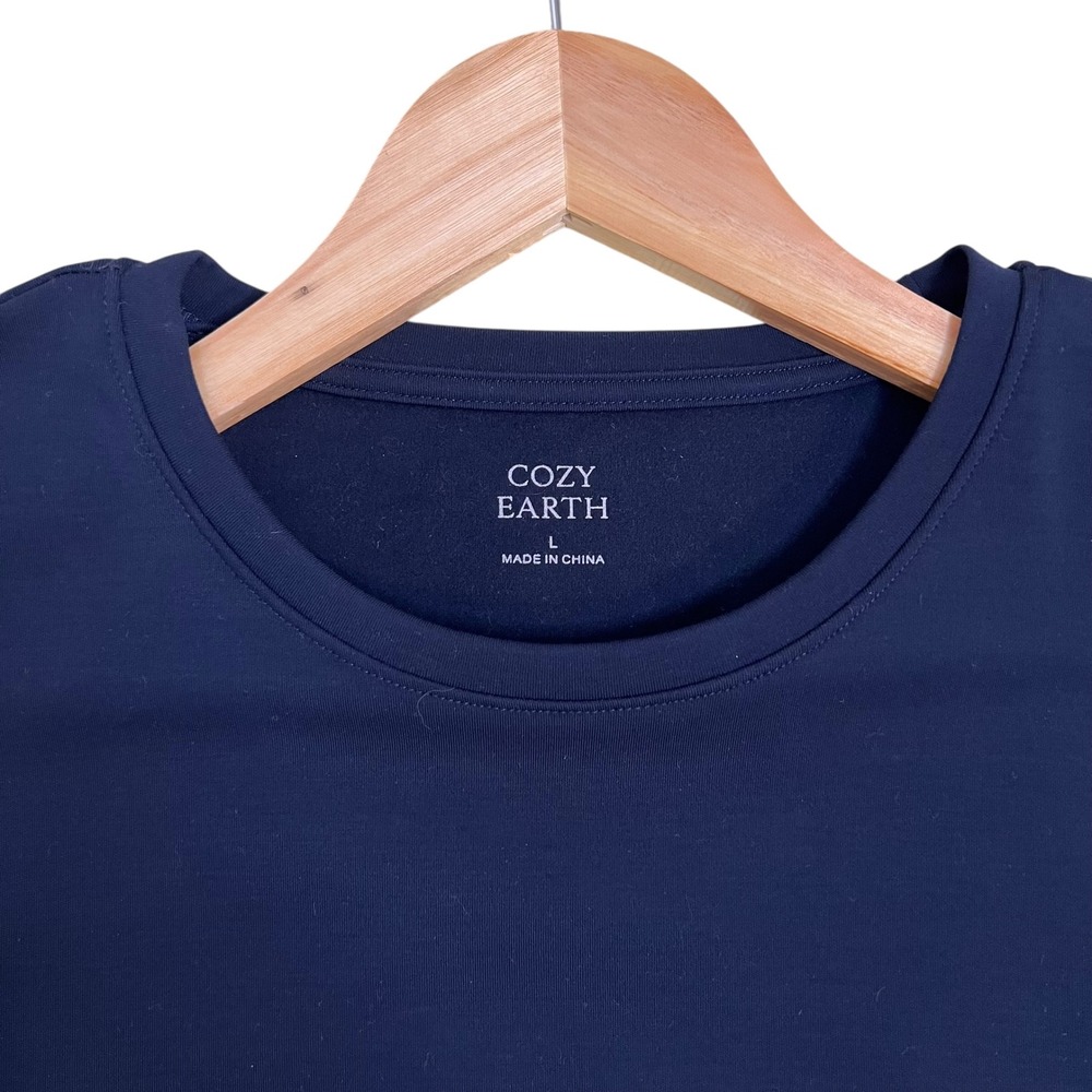 Cozy Earth Brushed Bamboo Short Sleeve Midi Slit Dress in Navy Pockets SZ L - Picture 10 of 13